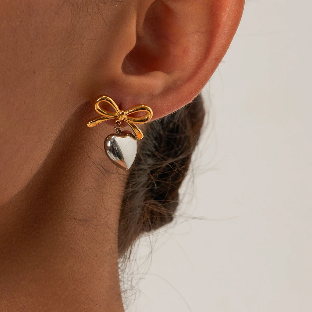 Bow Heart Drop Earrings — 316L Stainless Steel · PS069