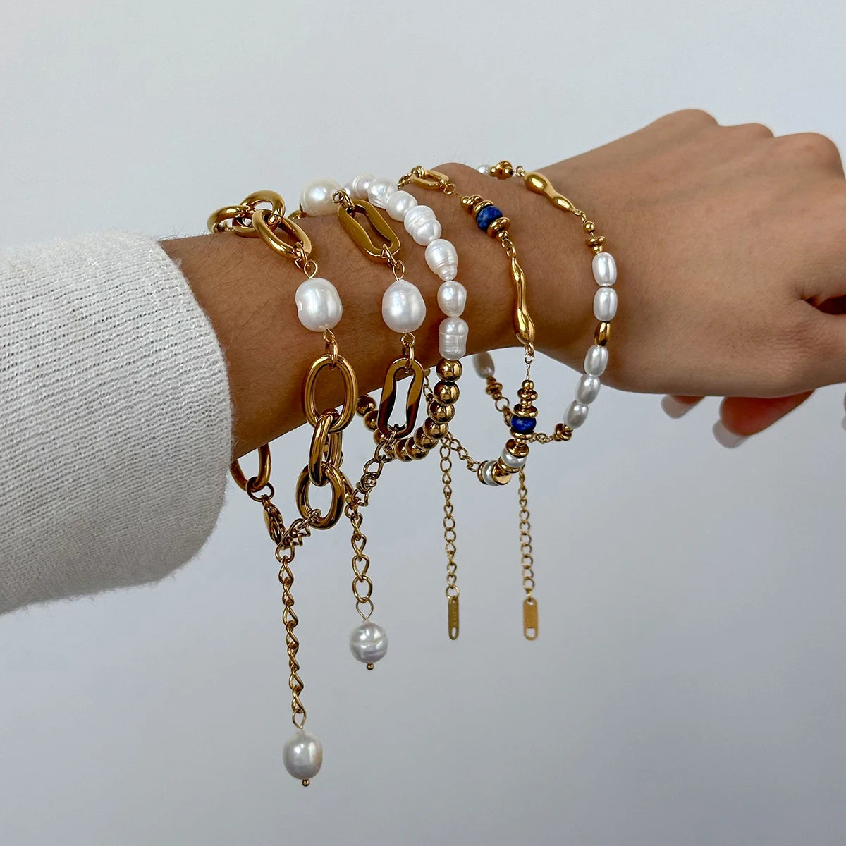 Pearl Chain Bracelet Stack — Stainless Steel · PS025