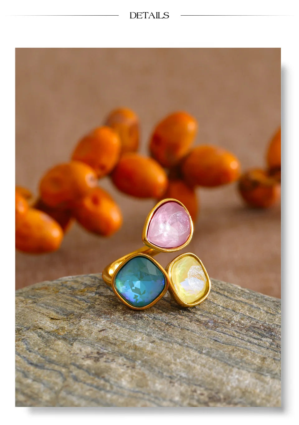 Crystal multi-color geometric ring in 18K gold-plated stainless steel with crystal.