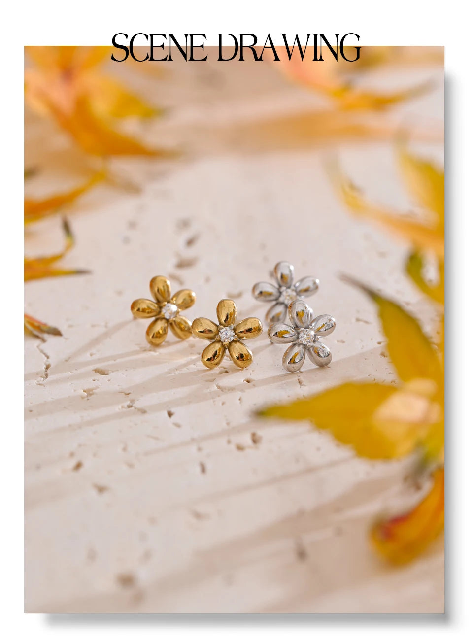 Cubic zirconia flower earrings in gold-plated stainless steel with cubic zirconia.