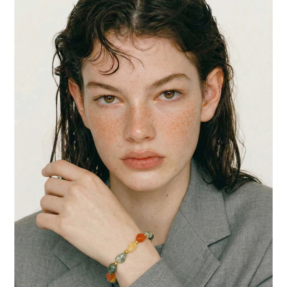 Natural Stone Beaded Geometric Bracelet — Gold-Plated Stainless Steel with Natural Stone · PS1019