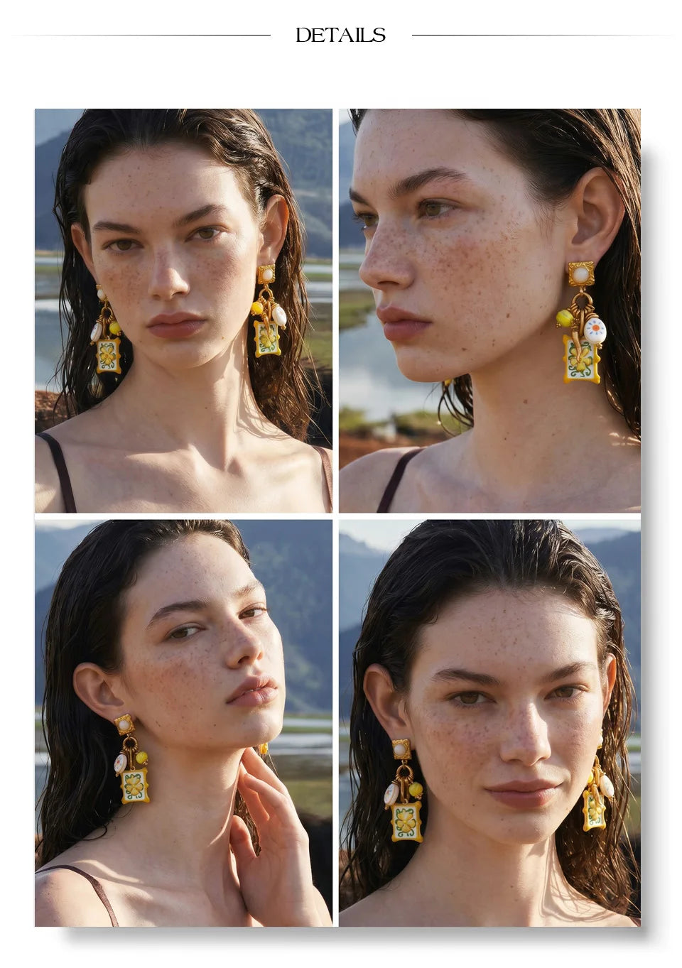 Enamel flower geometric earrings in gold-plated stainless steel with enamel.