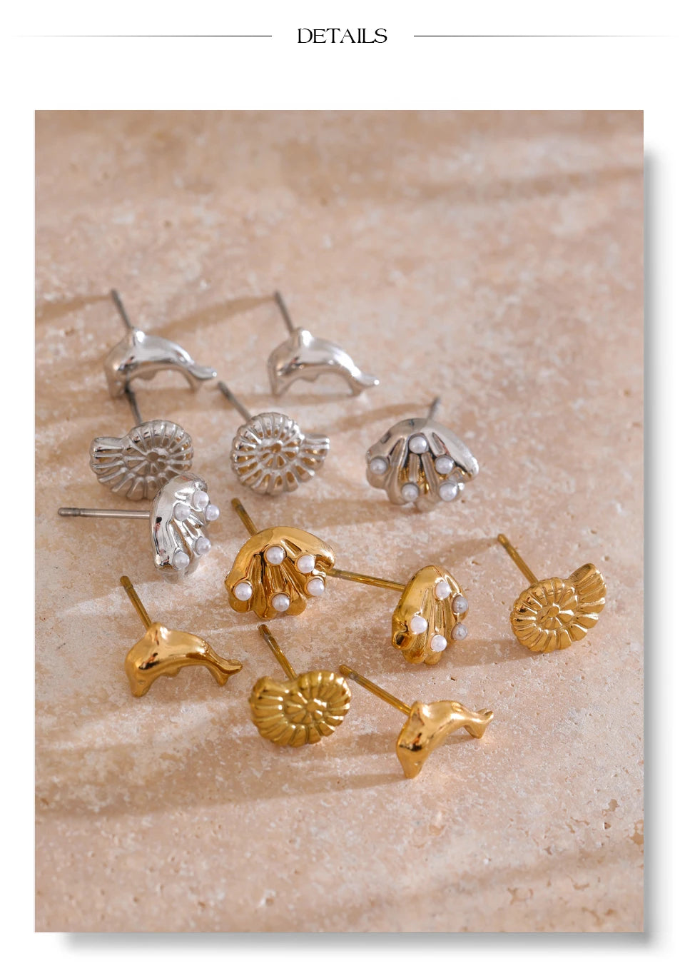 Pearl shell geometric earrings in gold-plated stainless steel with pearl and shell.