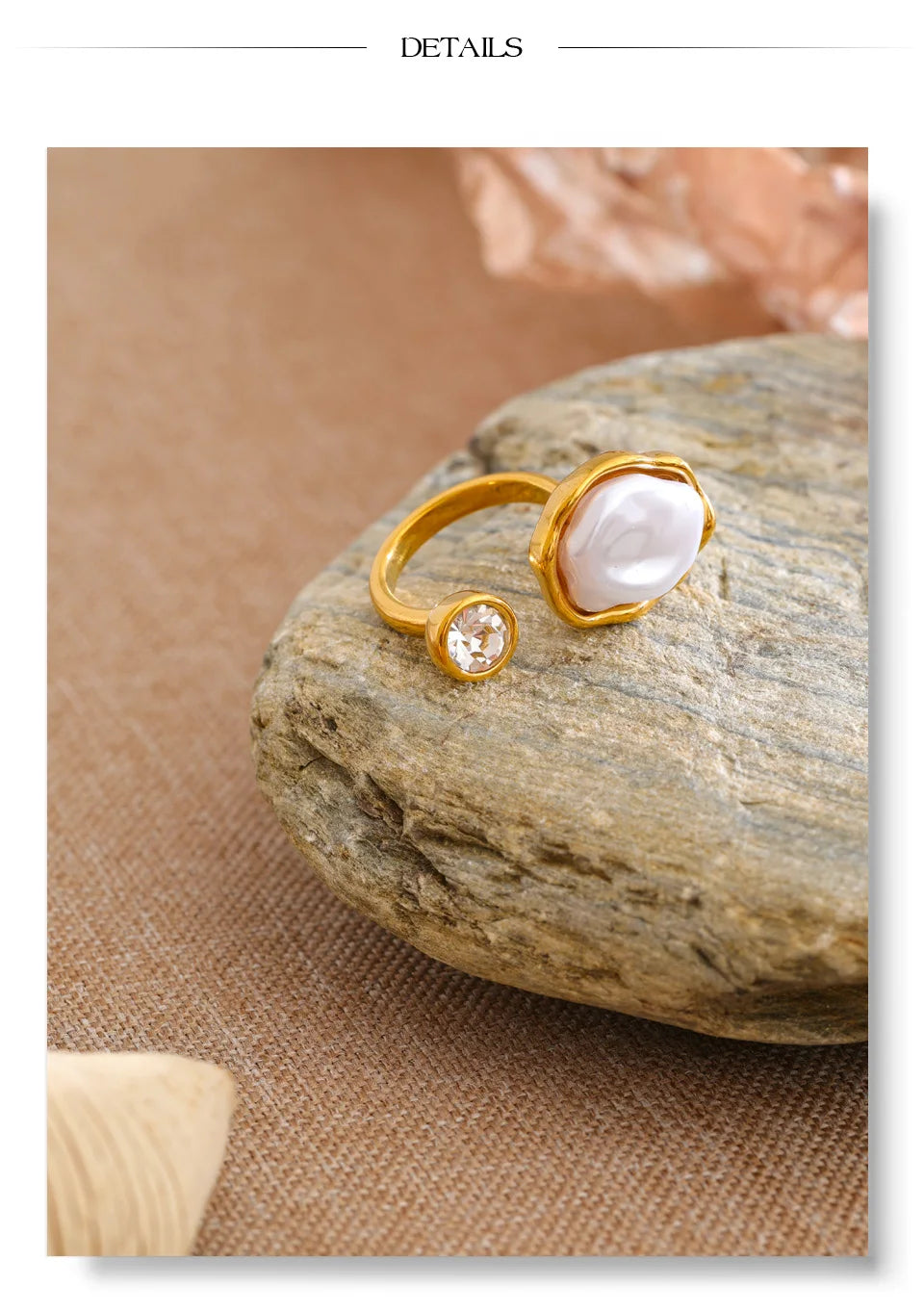 Cubic zirconia pearl geometric ring in 18K gold-plated stainless steel with pearl and cubic zirconia.