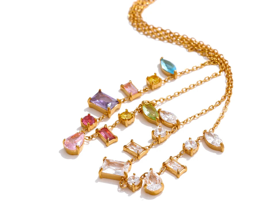 White cubic zirconia multi-color necklace in gold-plated stainless steel with cubic zirconia.