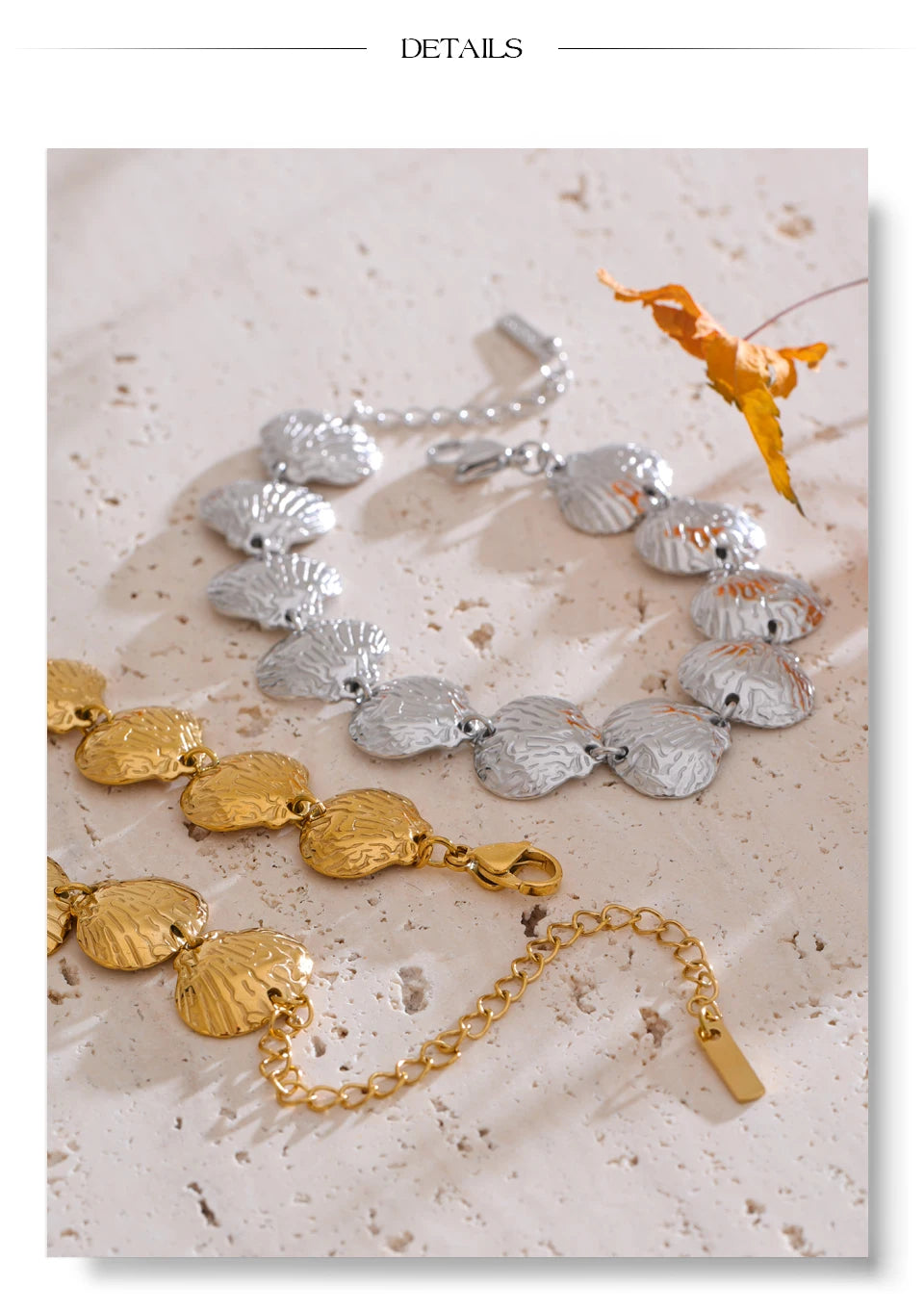 Shell hammered geometric necklace in gold-plated stainless steel with shell.