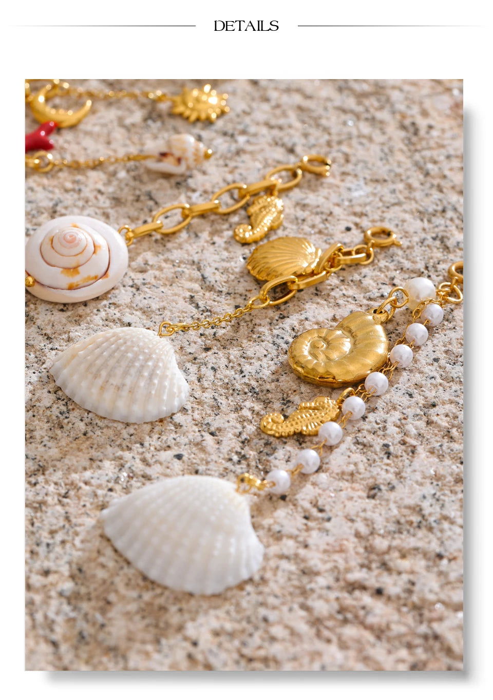 Shell star moon necklace in gold-plated stainless steel with shell.