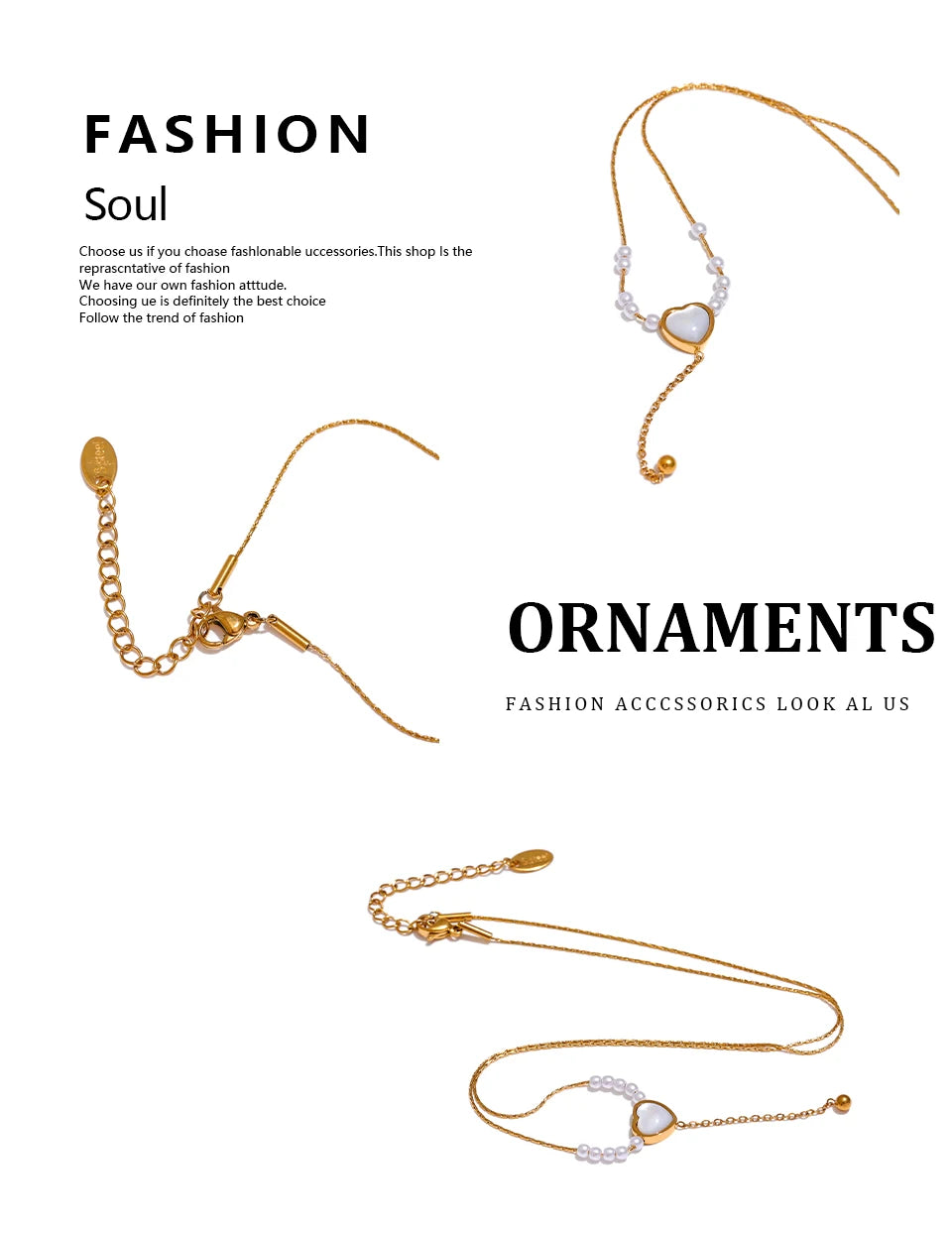 Pearl natural stone heart necklace in gold-plated stainless steel with pearl and natural stone.