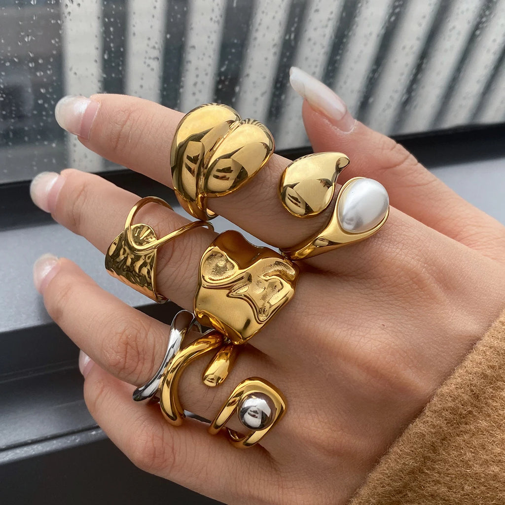 Two-Tone Pearl Waterdrop Ring — Stainless Steel · PS368