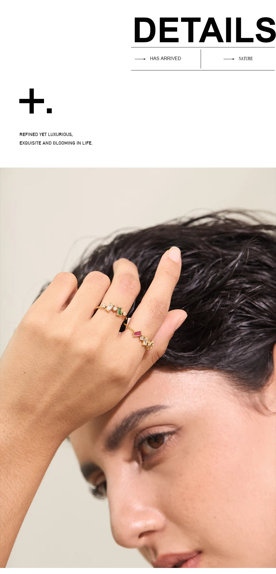 Cubic zirconia multi-color geometric ring in 18K gold-plated stainless steel with cubic zirconia.