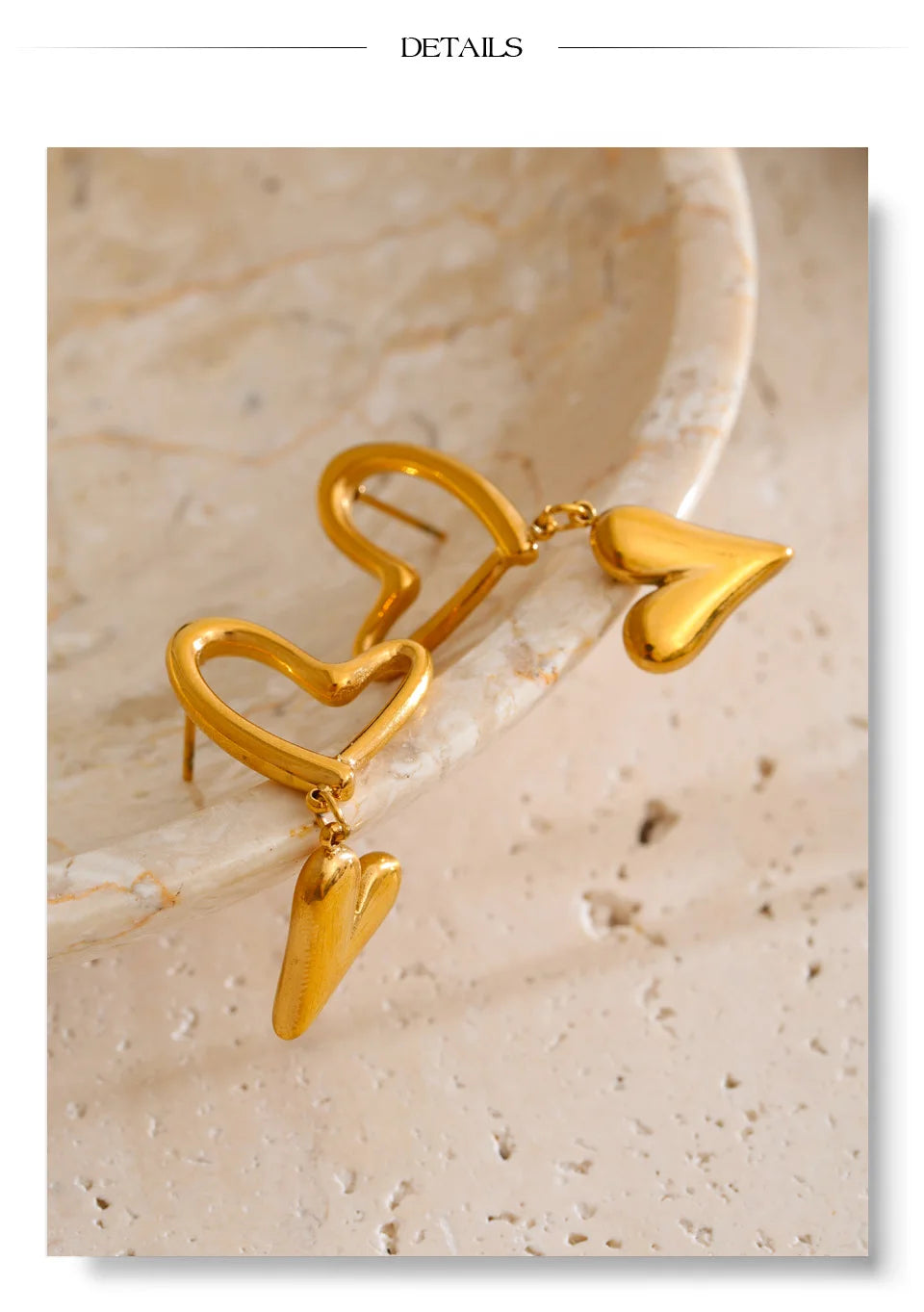 Heart earrings in gold-plated stainless steel.