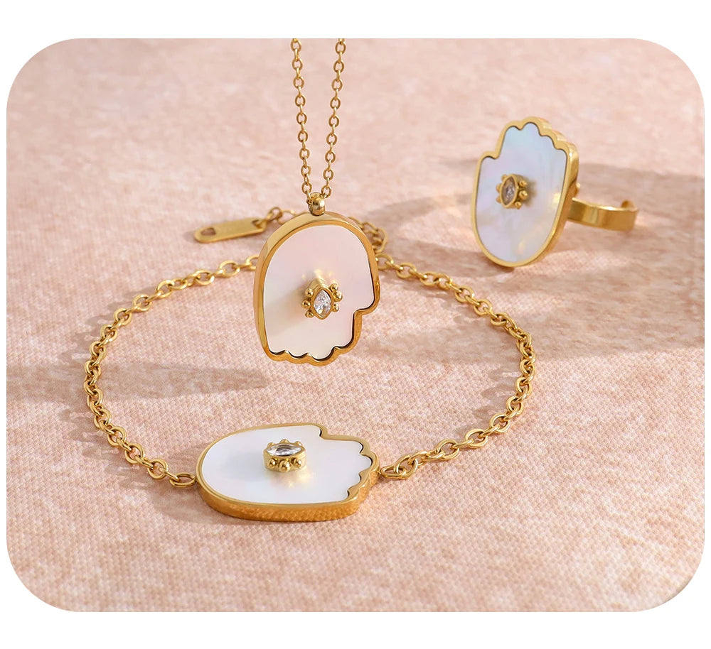 Shell Crystal Charm Necklace Ring — 316L Stainless Steel · PS434