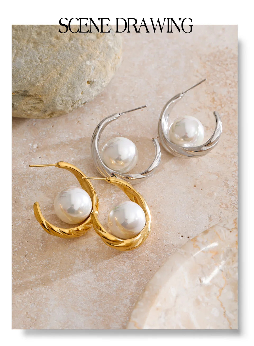 Pearl geometric earrings in gold-plated stainless steel with pearl.
