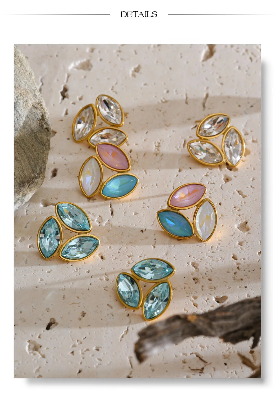 White crystal flower earrings in gold-plated stainless steel with crystal.