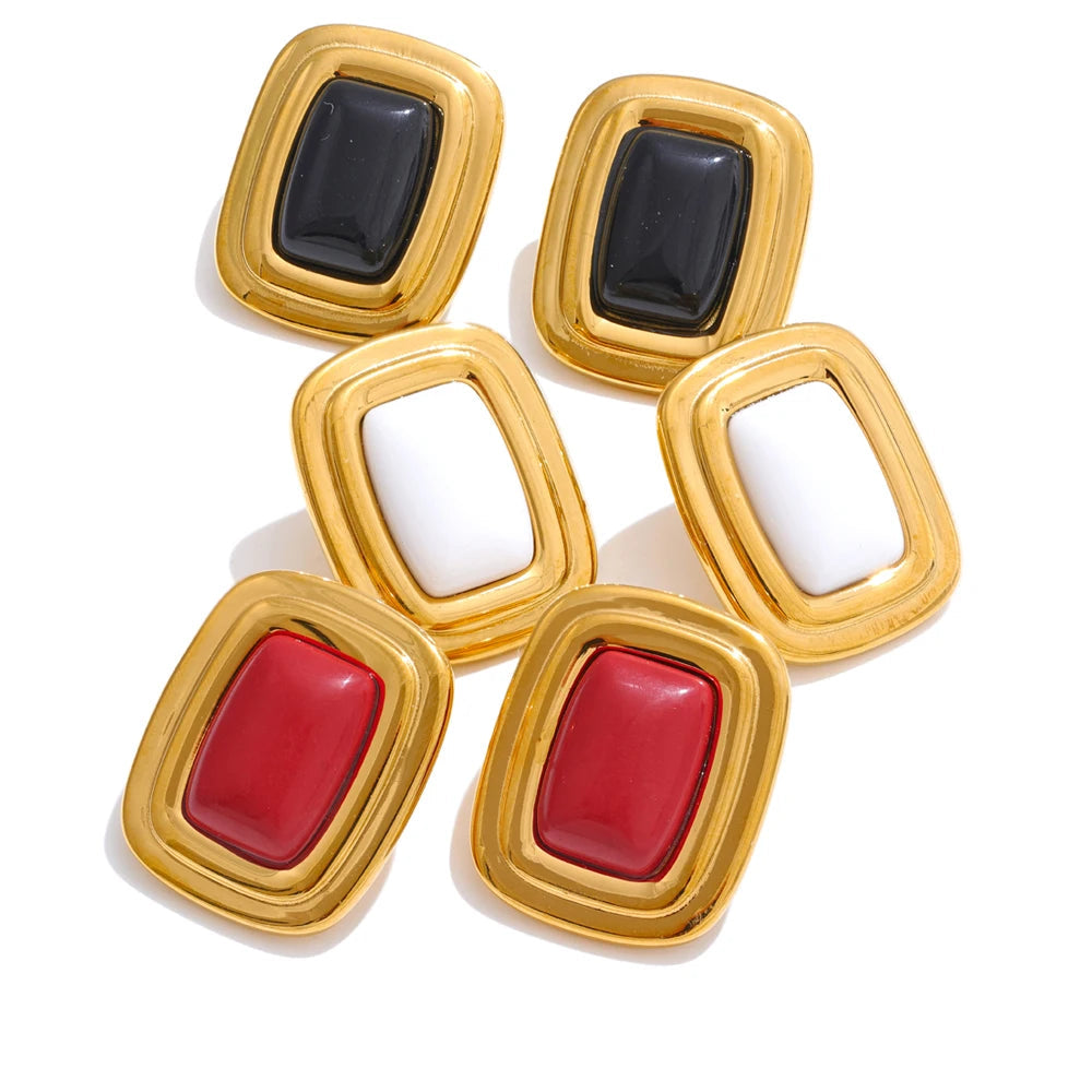 Black Natural Stone Geometric Earrings — Gold-Plated Stainless Steel with Natural Stone · PS1596