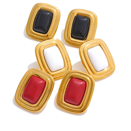 Gold-plated stainless steel earrings with red and white stones.
