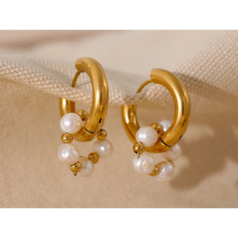 Freshwater Pearl Geometric Earrings — 18K Gold-Plated Stainless Steel with Freshwater Pearl · PS1683