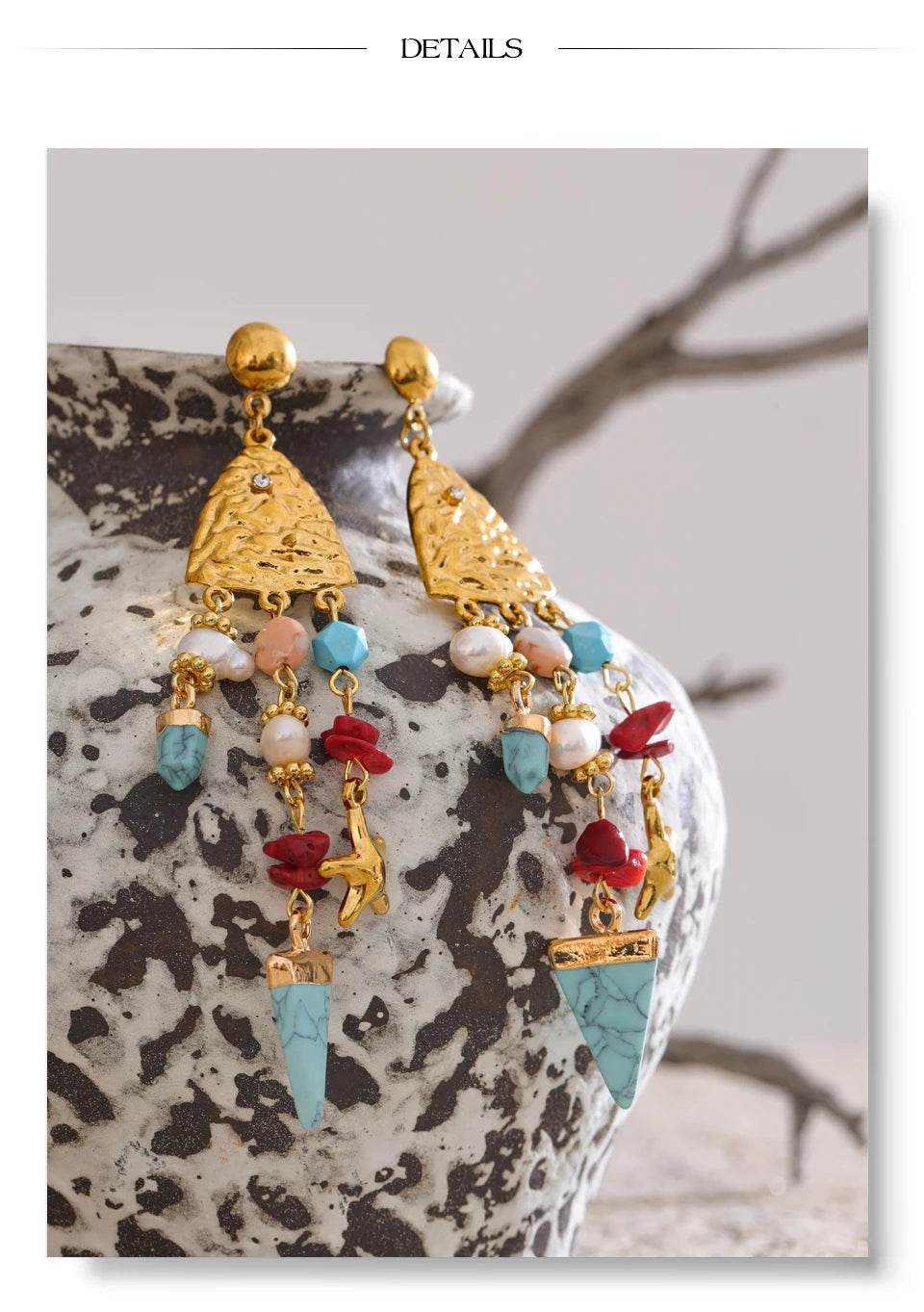 Freshwater pearl resin geometric earrings in gold-plated 316L stainless steel with freshwater pearl and resin.