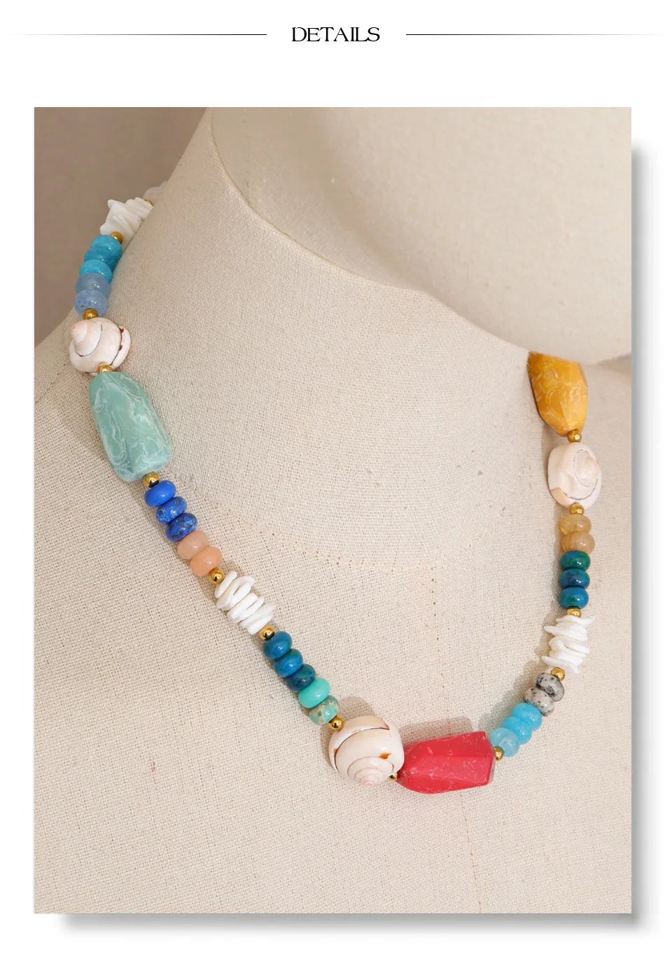 Shell resin natural stone necklace in gold-plated stainless steel with natural stone and shell.