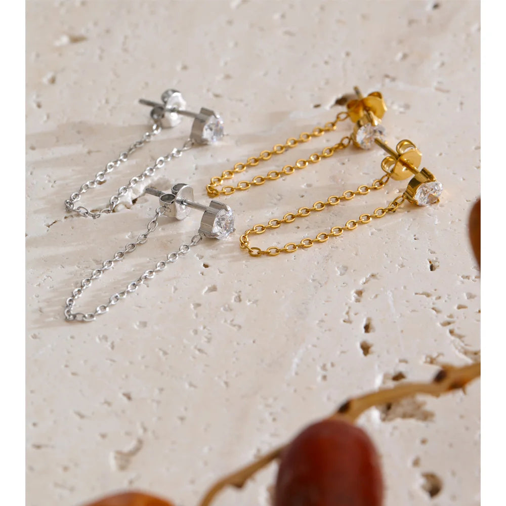 Cubic Zirconia Geometric Chain Earrings — Gold-Plated Stainless Steel with Cubic Zirconia · PS1323
