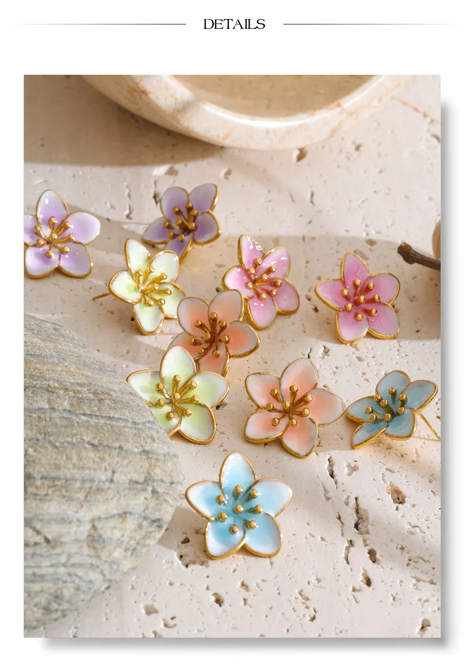 Enamel flower multi-color earrings in gold-plated stainless steel with enamel.