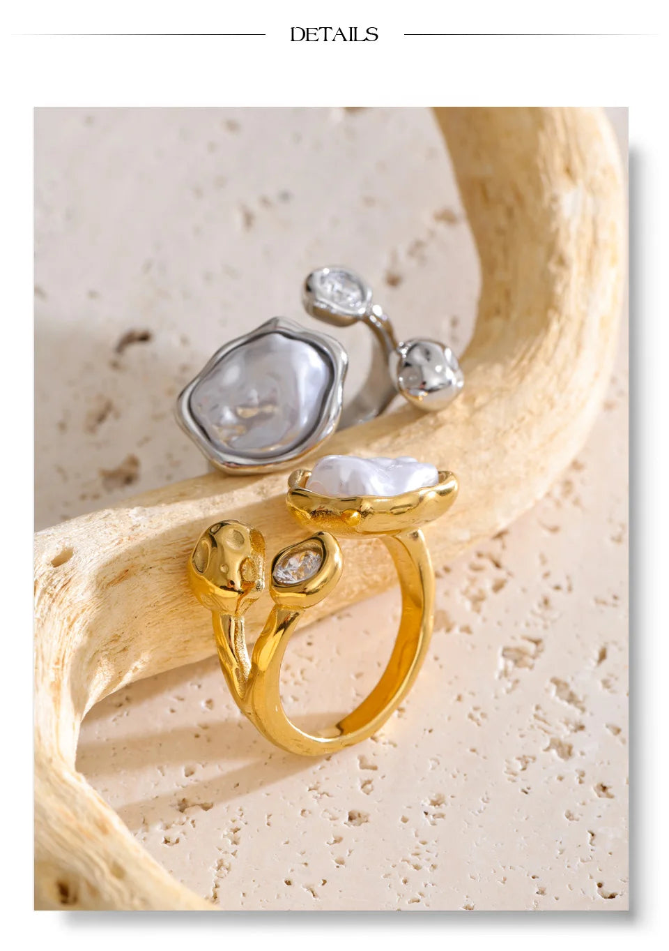 Cubic zirconia pearl geometric ring in gold-plated stainless steel with pearl and cubic zirconia.