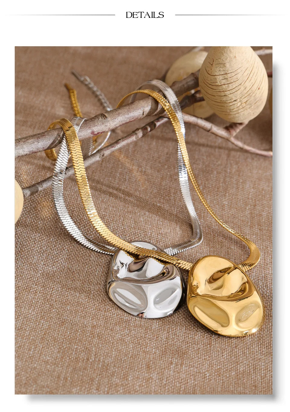 Hammered geometric necklace in gold-plated stainless steel.