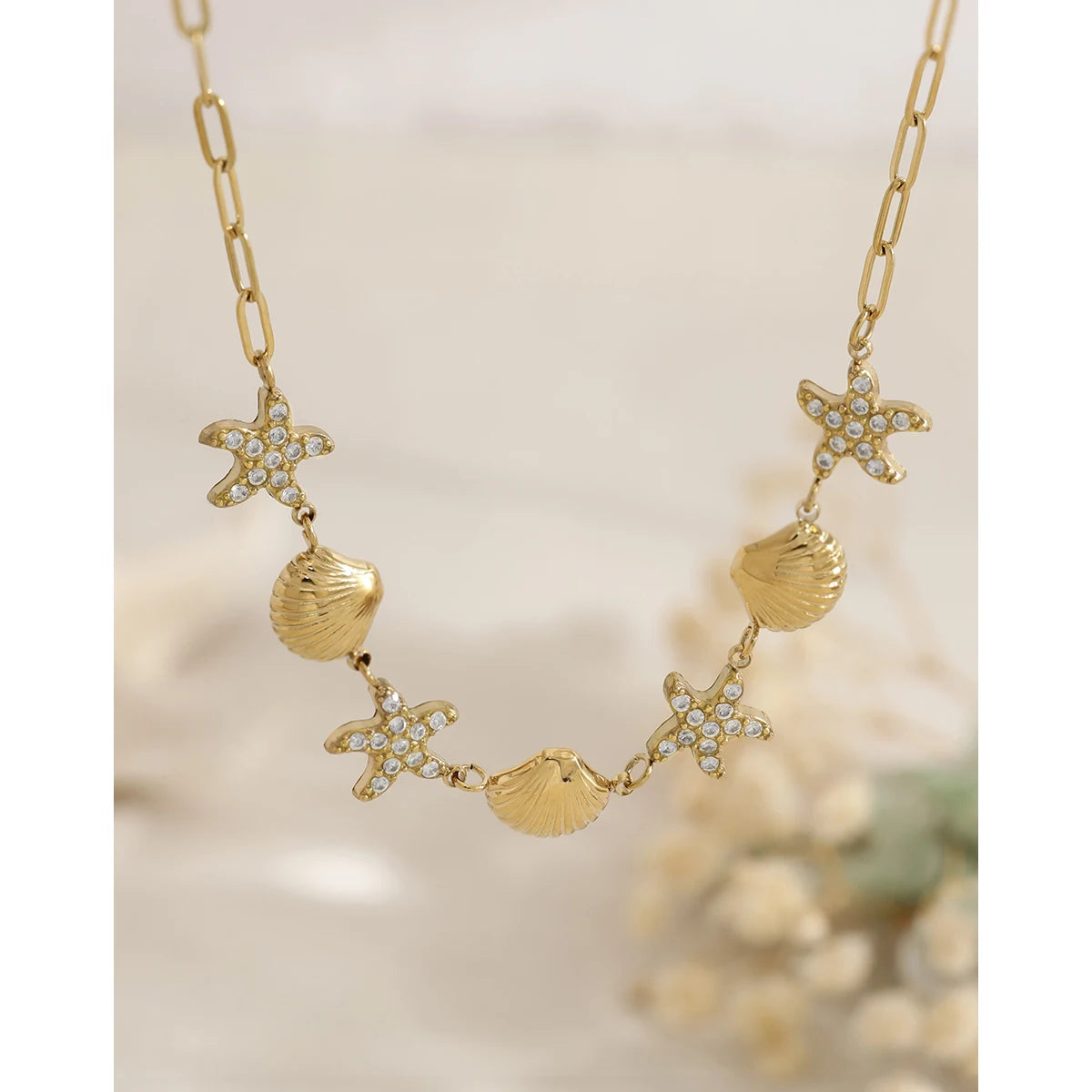 Necklace Starfish Shell Choker Beach Vacation — 316L Stainless Steel · PS398