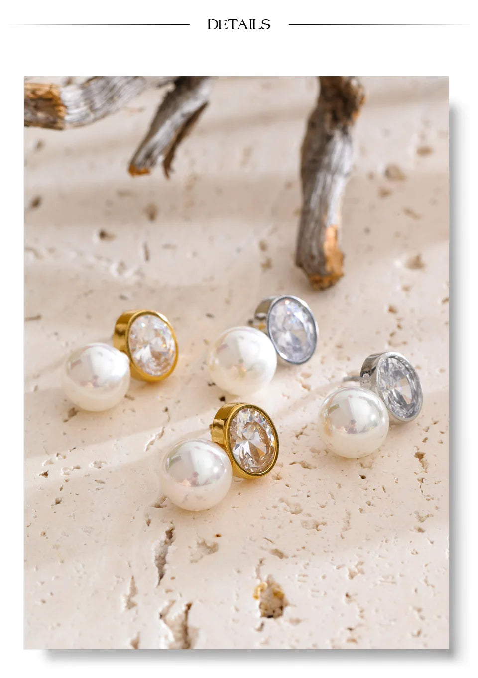 Cubic Zirconia Pearl Geometric Earrings — Gold-Plated Stainless Steel with Pearl and Cubic Zirconia · PS1615