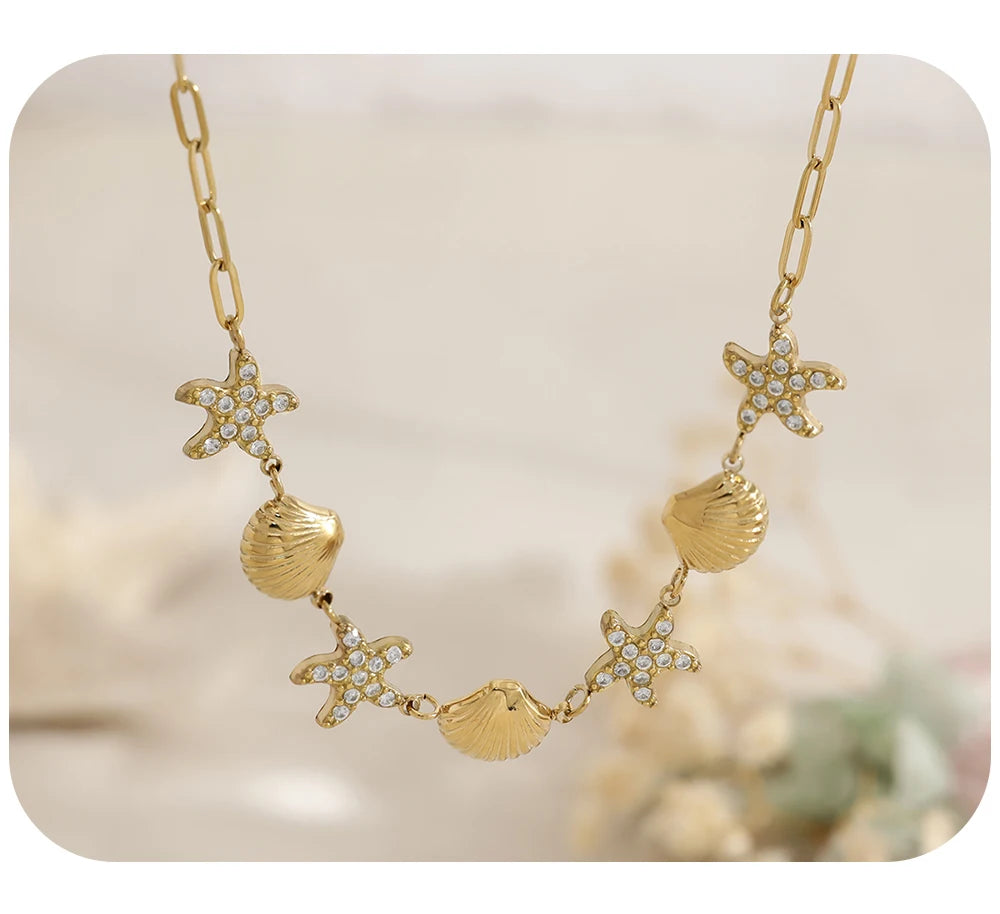 Necklace Starfish Shell Choker Beach Vacation — 316L Stainless Steel · PS398
