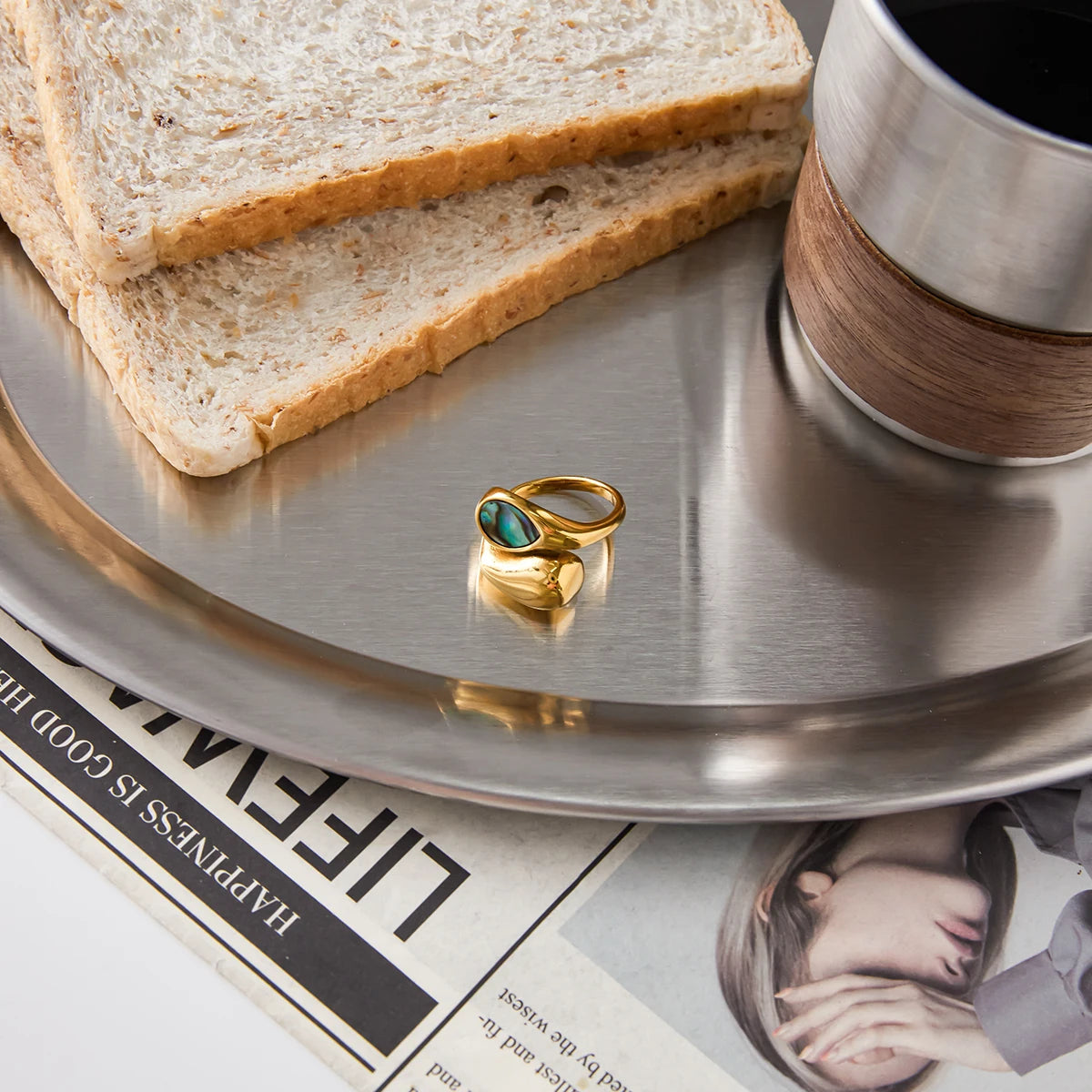 Abalone Waterdrop Ring — Stainless Steel · PS276