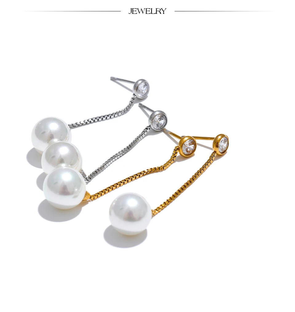 Pearl Geometric Chain Earrings — Gold-Plated Stainless Steel with Pearl · PS1602
