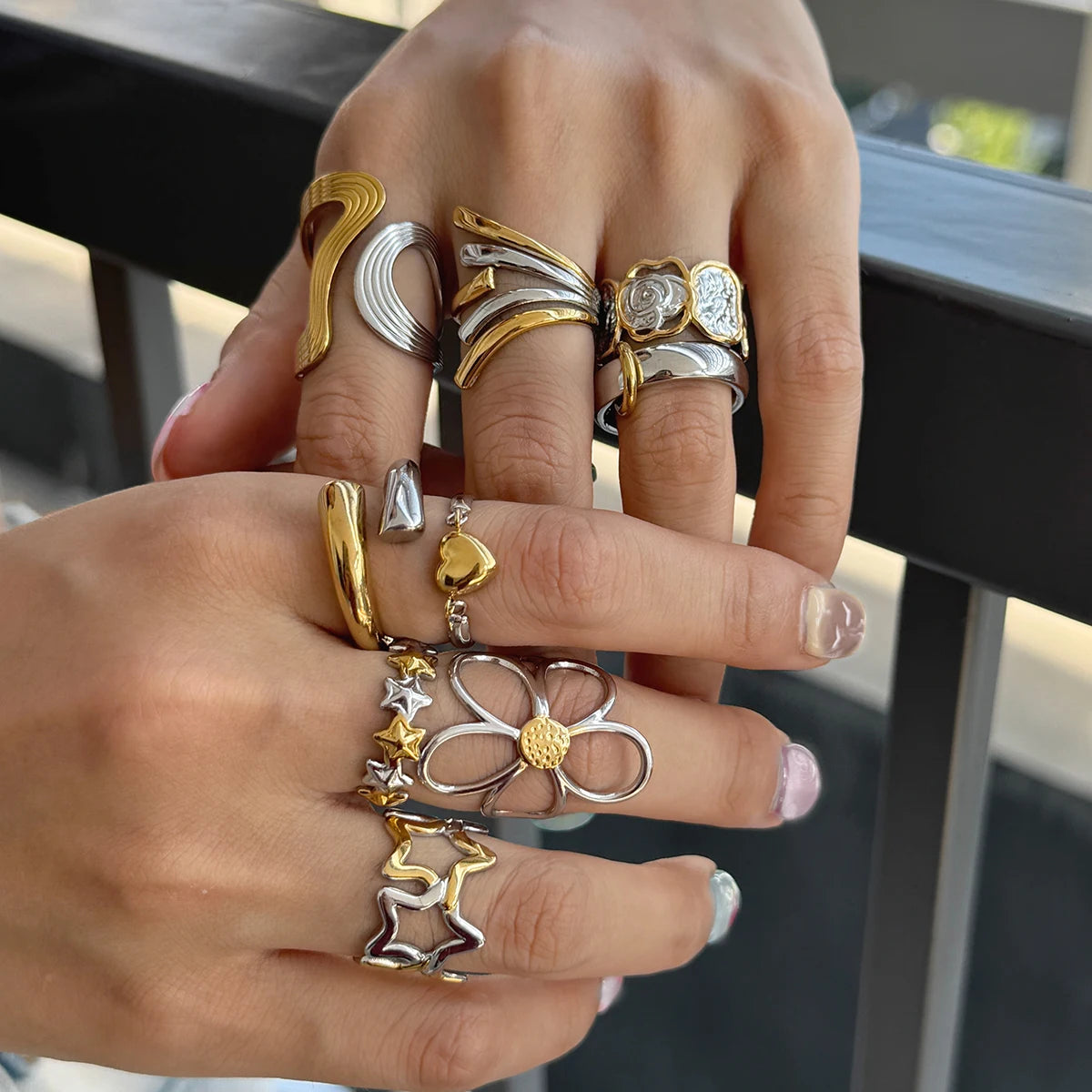 Floral Ring Stack — Stainless Steel · PS230