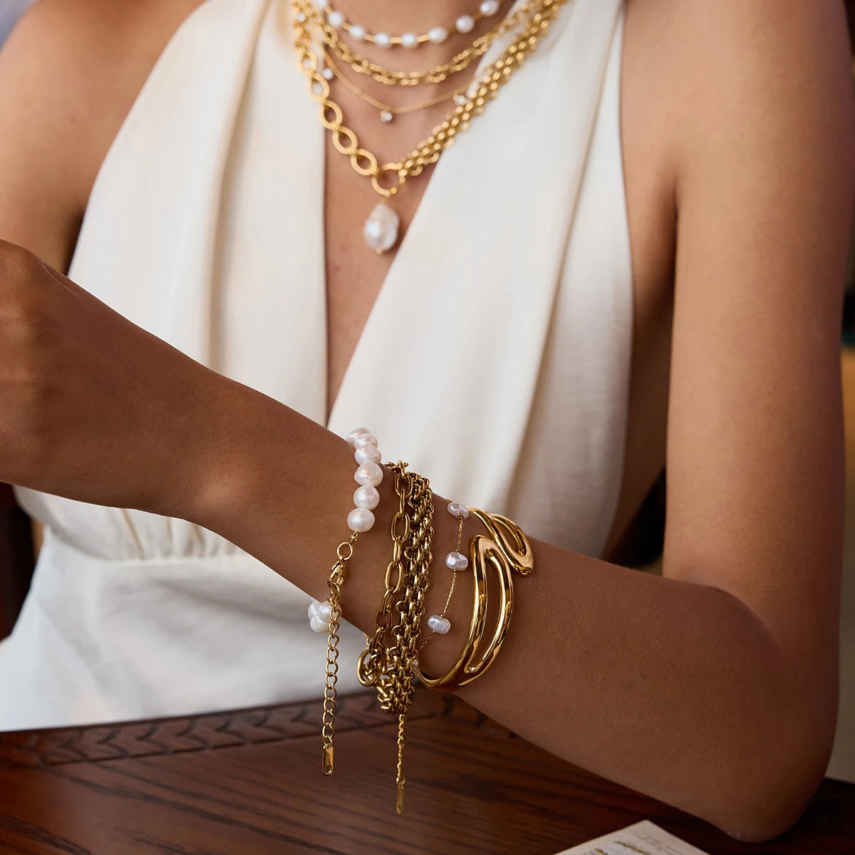 Pearl Chain Bracelet Stack — Stainless Steel · PS027
