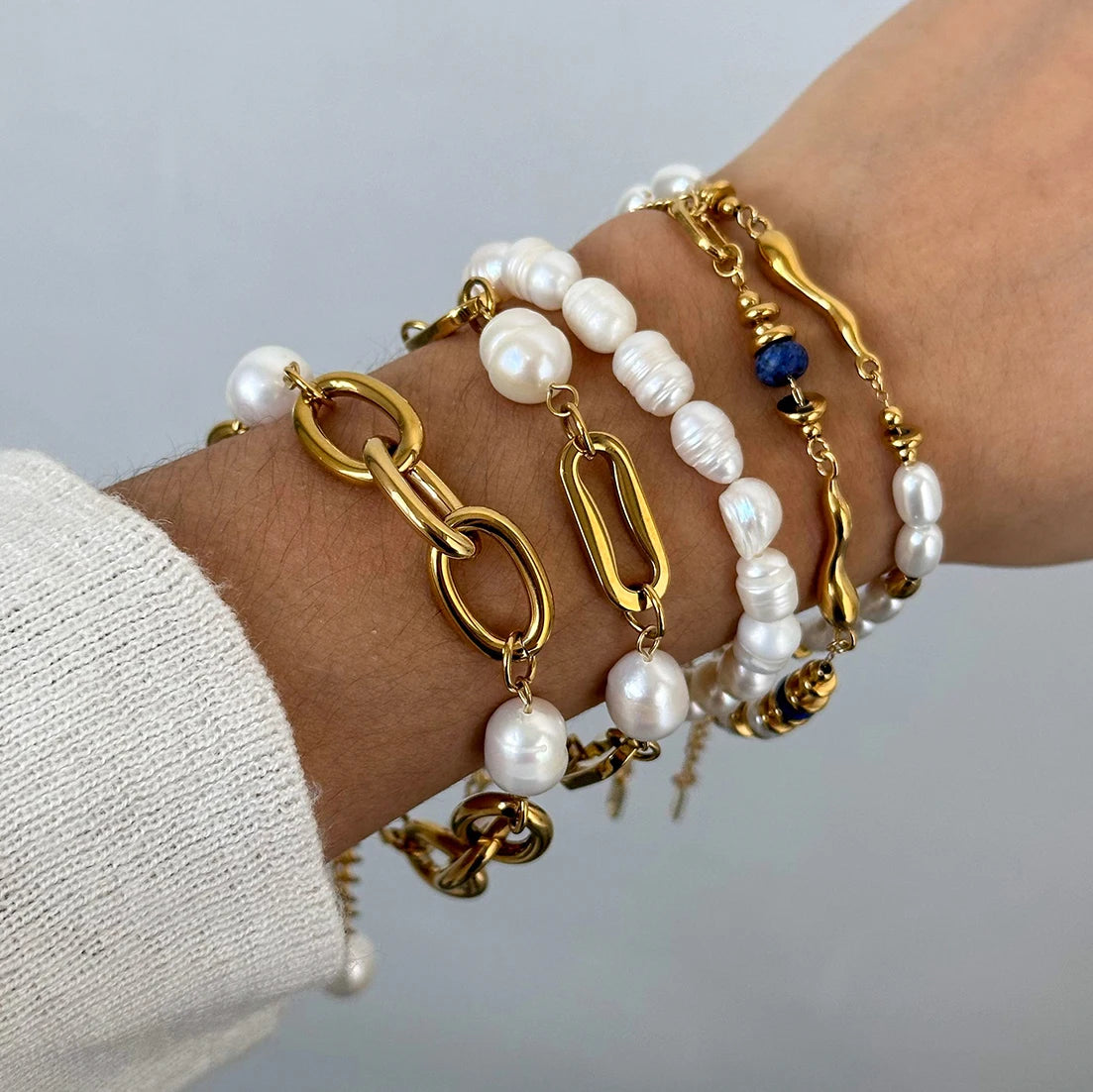 Pearl Chain Bracelet Stack — Stainless Steel · PS025