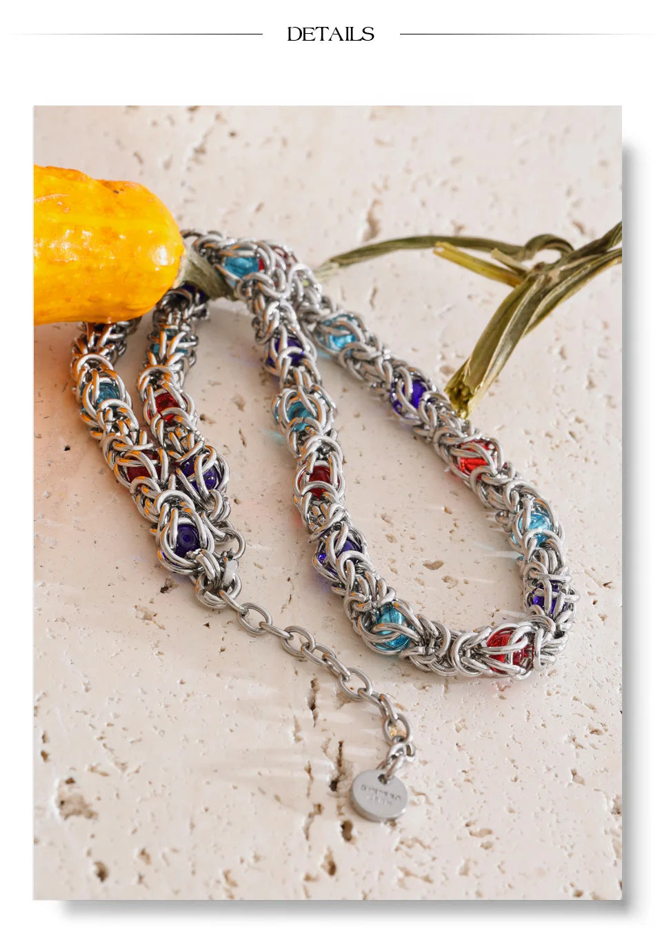 Glass natural stone multi-color necklace in gold-plated stainless steel with natural stone.