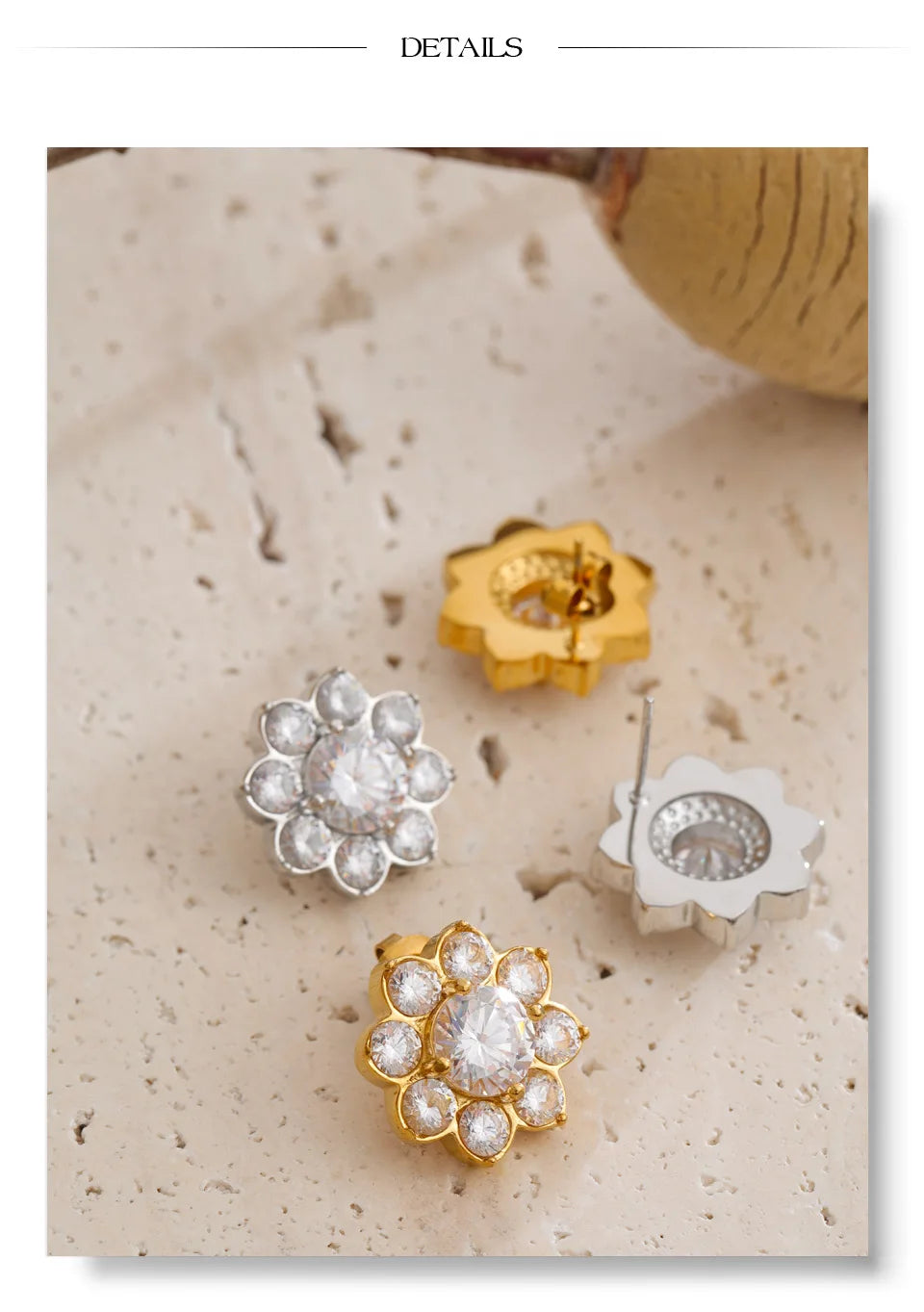 Cubic Zirconia Flower Earrings — Gold-Plated Stainless Steel with Cubic Zirconia · PS1570