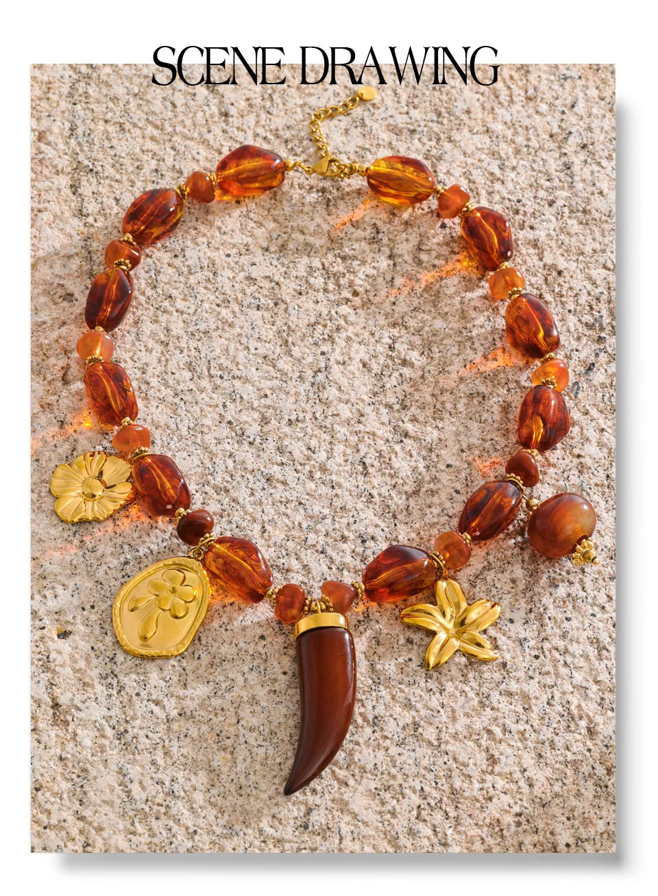 Amber resin flower necklace in gold-plated stainless steel with resin.