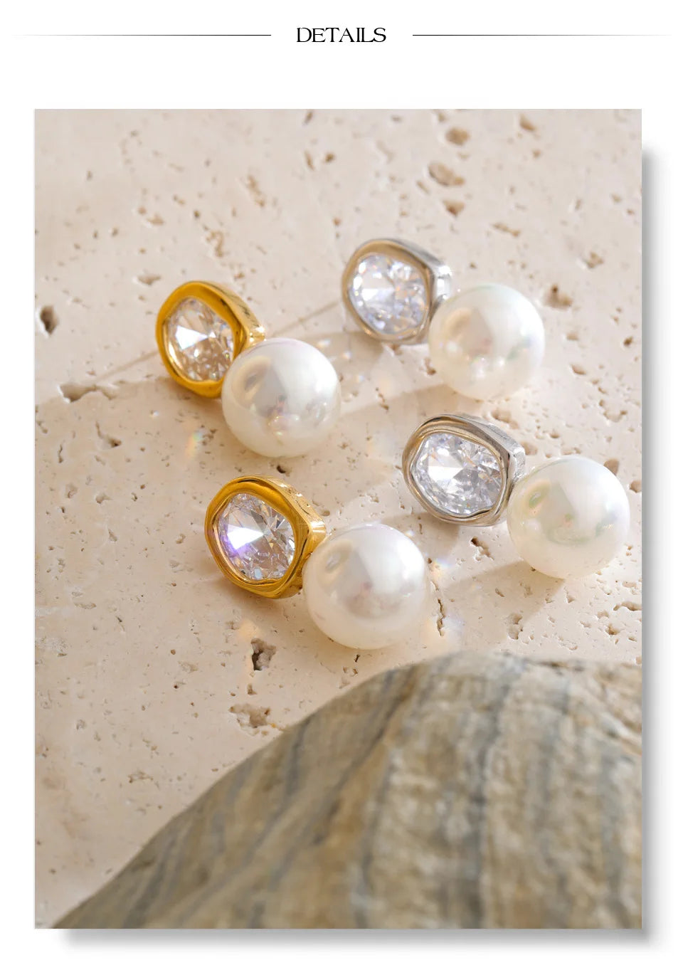 Cubic Zirconia Pearl Geometric Earrings — Gold-Plated Stainless Steel with Pearl and Cubic Zirconia · PS1428