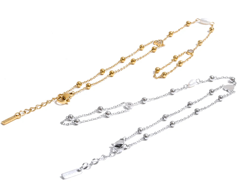Cubic Zirconia Pearl Geometric Bracelet — Gold-Plated Stainless Steel with Pearl and Cubic Zirconia · PS1330