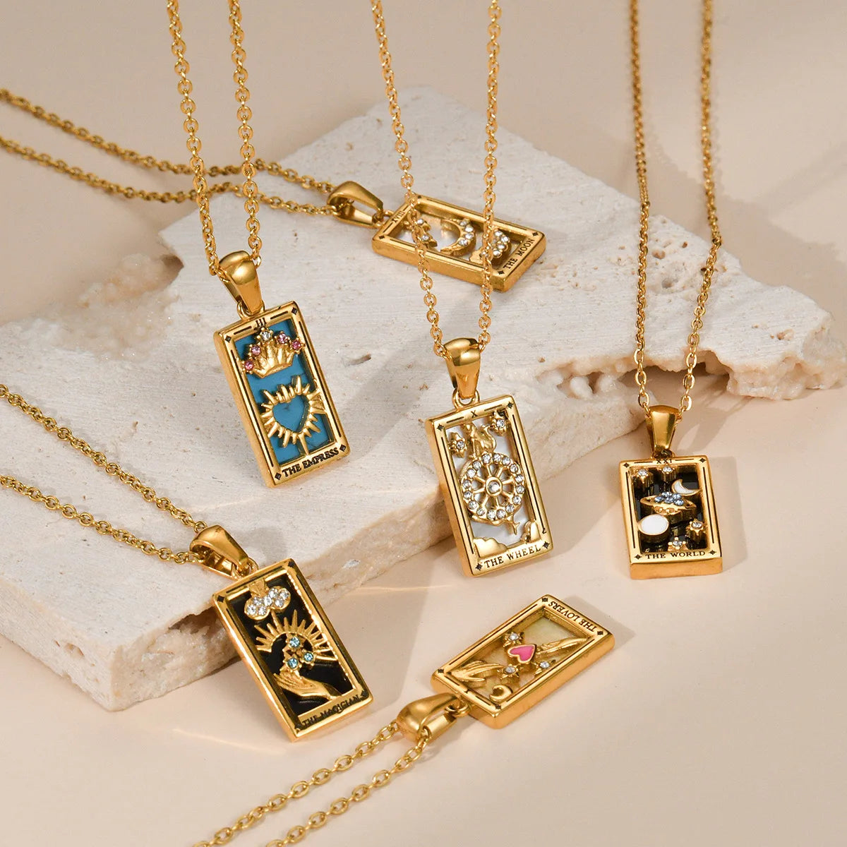 Zirconia Tarot Card Necklace Classic Tarot Queen Lover Magician Moon Wealth Amulet Stainless Steel Jewelry