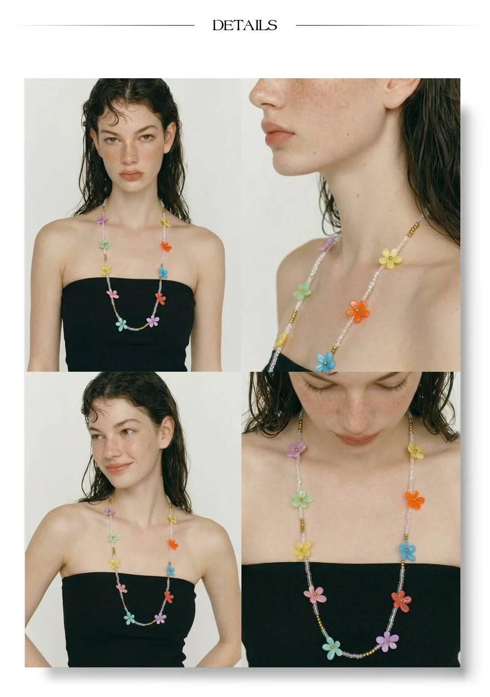 Pearl resin flower necklace in gold-plated stainless steel with pearl and resin.