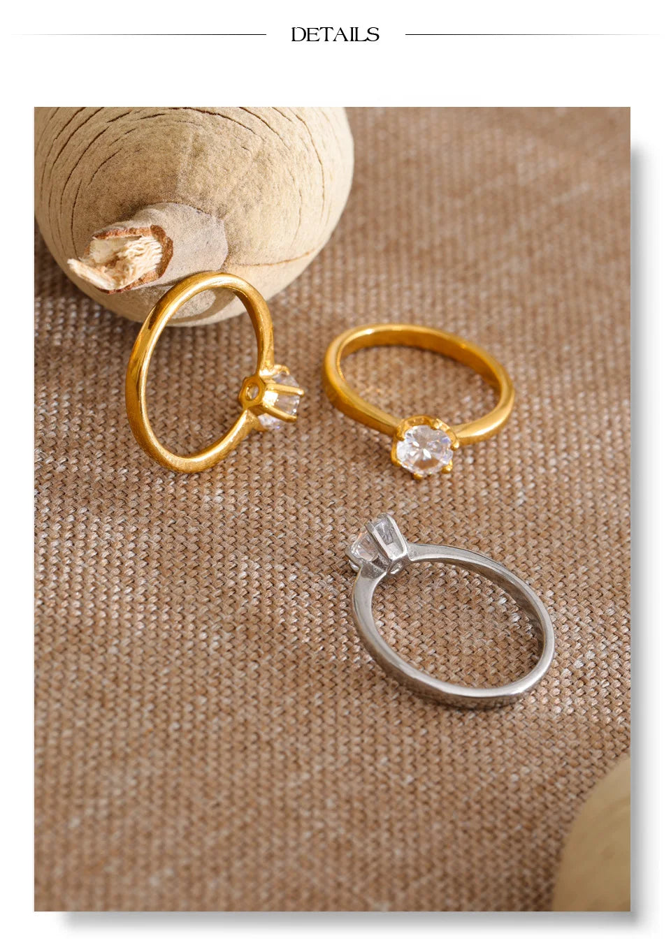Cubic zirconia geometric ring in 18K gold-plated stainless steel with cubic zirconia.
