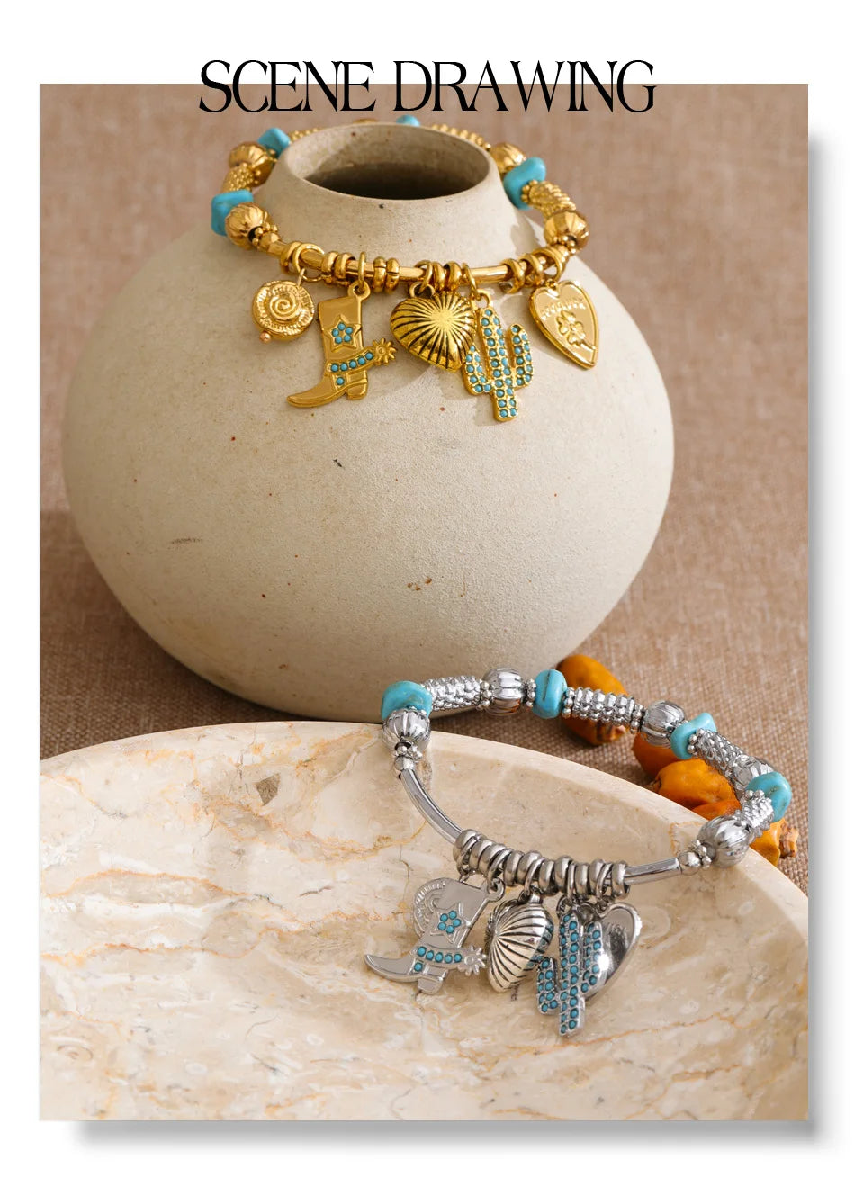 Natural Stone Heart Flower Bracelet — Gold-Plated Stainless Steel with Natural Stone · PS1139