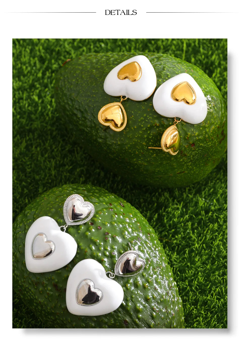 White enamel heart earrings in gold-plated stainless steel with enamel.