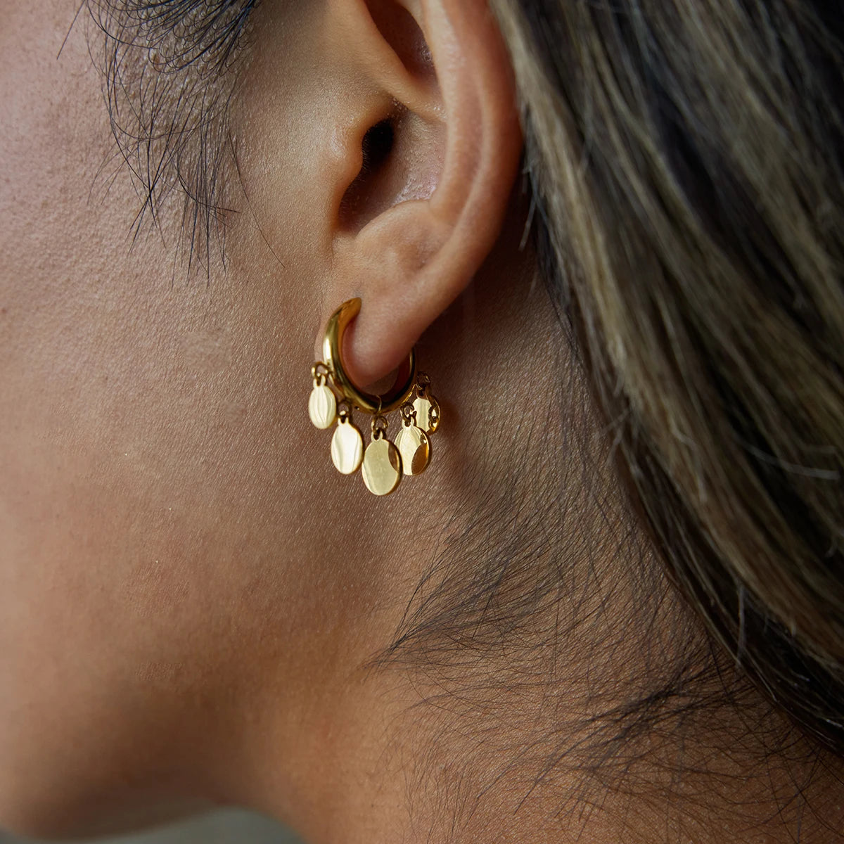 Leaf Charm Hoop Earrings — Stainless Steel · PS098