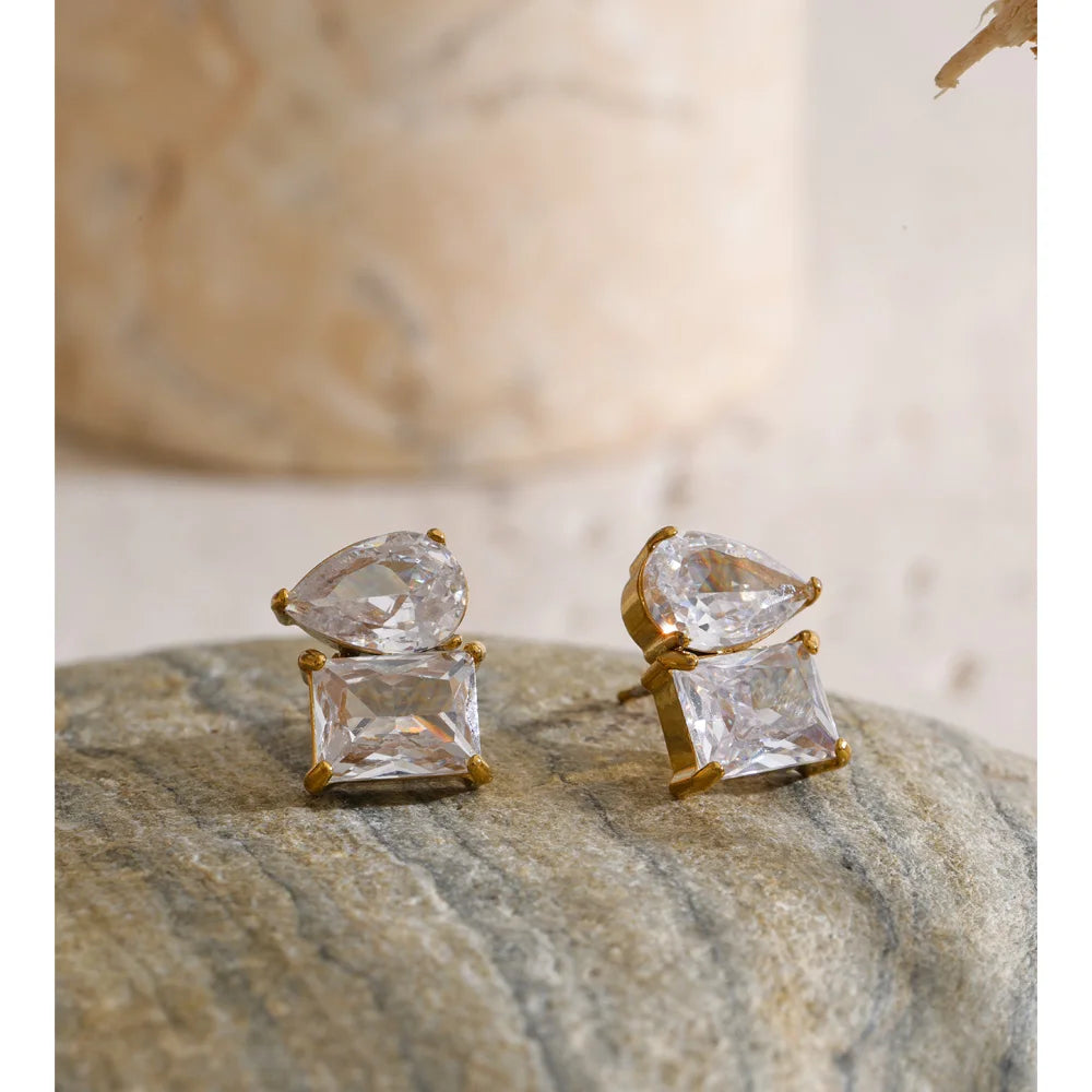 Cubic Zirconia Geometric Earrings — Gold-Plated Stainless Steel with Cubic Zirconia · PS1388