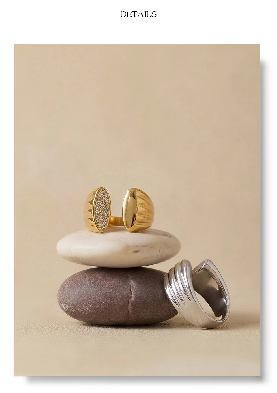 Cubic zirconia geometric ring in gold-plated stainless steel with cubic zirconia.