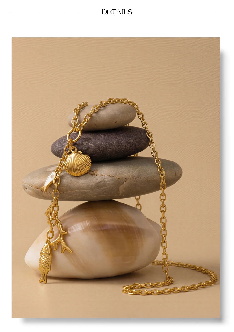 Cubic zirconia shell geometric necklace in gold-plated stainless steel with cubic zirconia and shell.