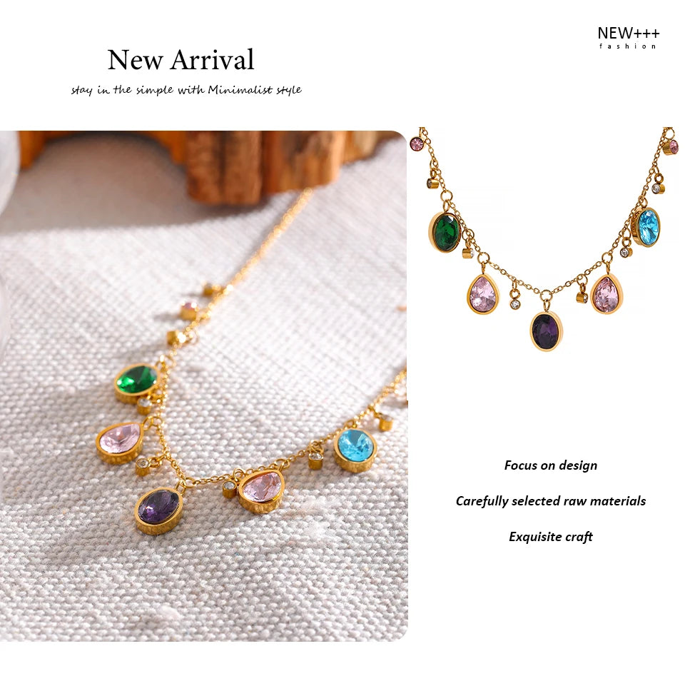 Cubic zirconia multi-color geometric necklace in gold-plated stainless steel with cubic zirconia.
